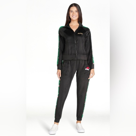 2pc black green HO HO HO bling sequin Christmas Velour Track pantsuit size XS(1) - Picture 7 of 10